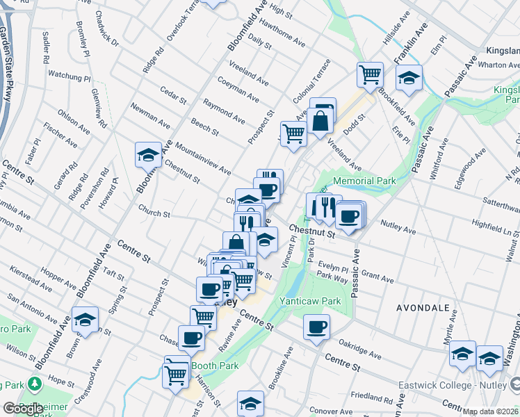 map of restaurants, bars, coffee shops, grocery stores, and more near 276 Chestnut Street in Nutley