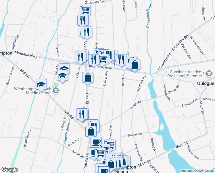 map of restaurants, bars, coffee shops, grocery stores, and more near 270 Sunset Ave in Westhampton Beach