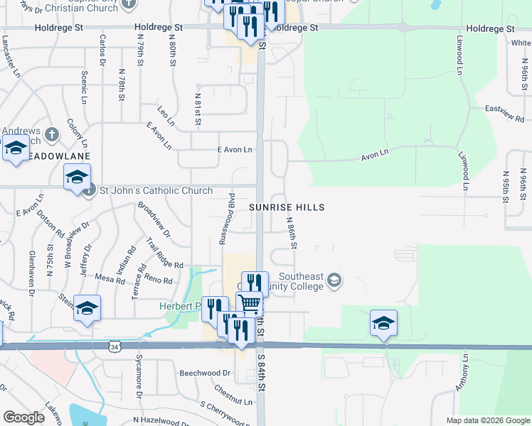 map of restaurants, bars, coffee shops, grocery stores, and more near 633 Sunny Slope Road in Lincoln