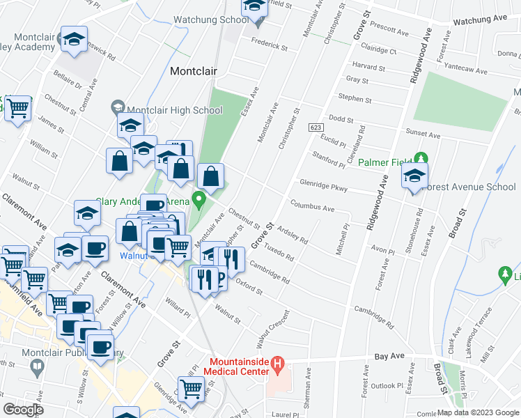 map of restaurants, bars, coffee shops, grocery stores, and more near 77 Christopher Street in Montclair