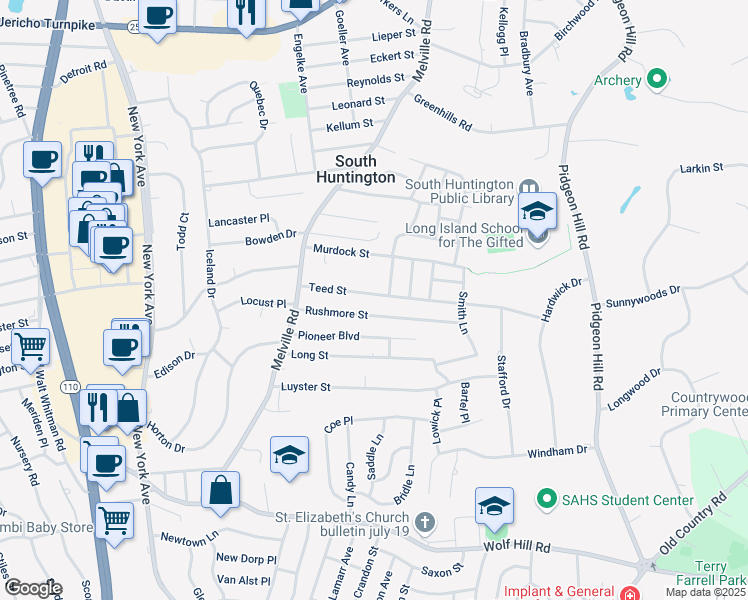 map of restaurants, bars, coffee shops, grocery stores, and more near 32 Teed Street in Huntington Station