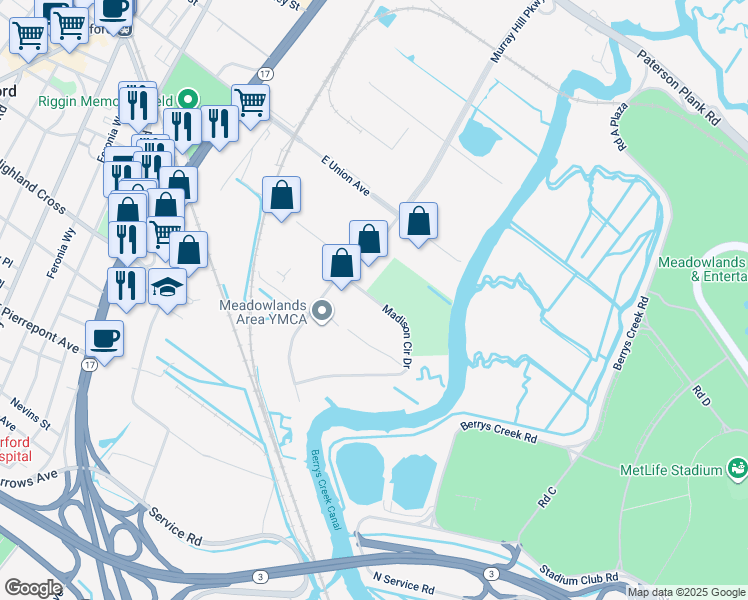 map of restaurants, bars, coffee shops, grocery stores, and more near Madison Circle Drive in East Rutherford