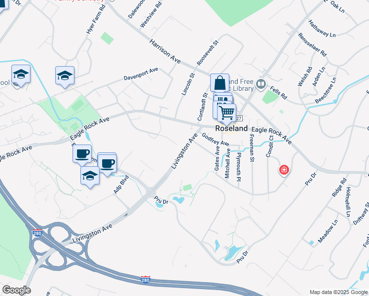 map of restaurants, bars, coffee shops, grocery stores, and more near 14 Livingston Avenue in Roseland