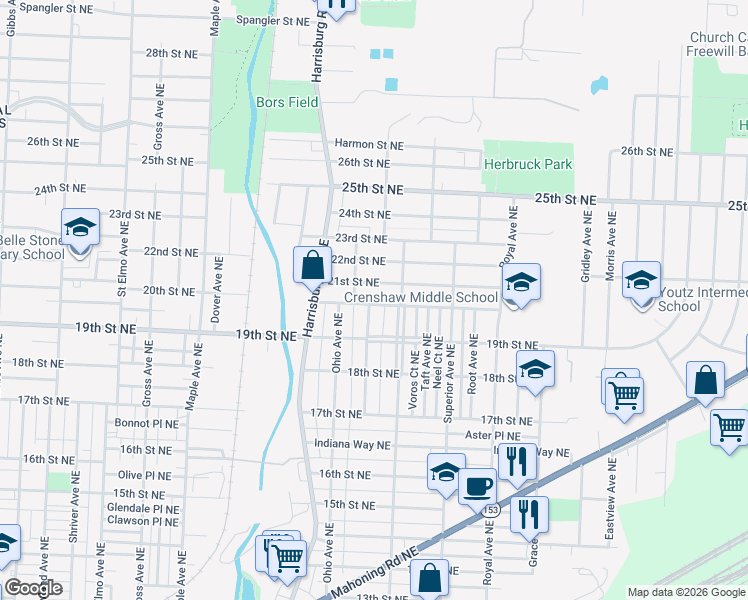 map of restaurants, bars, coffee shops, grocery stores, and more near 2127 20th Street Northeast in Canton