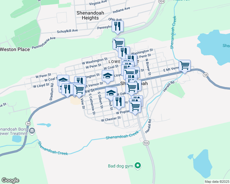 map of restaurants, bars, coffee shops, grocery stores, and more near 208 West New York Street in Shenandoah
