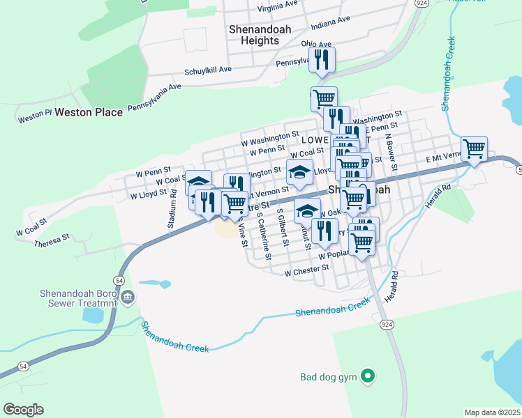 map of restaurants, bars, coffee shops, grocery stores, and more near 436 West Centre Street in Shenandoah