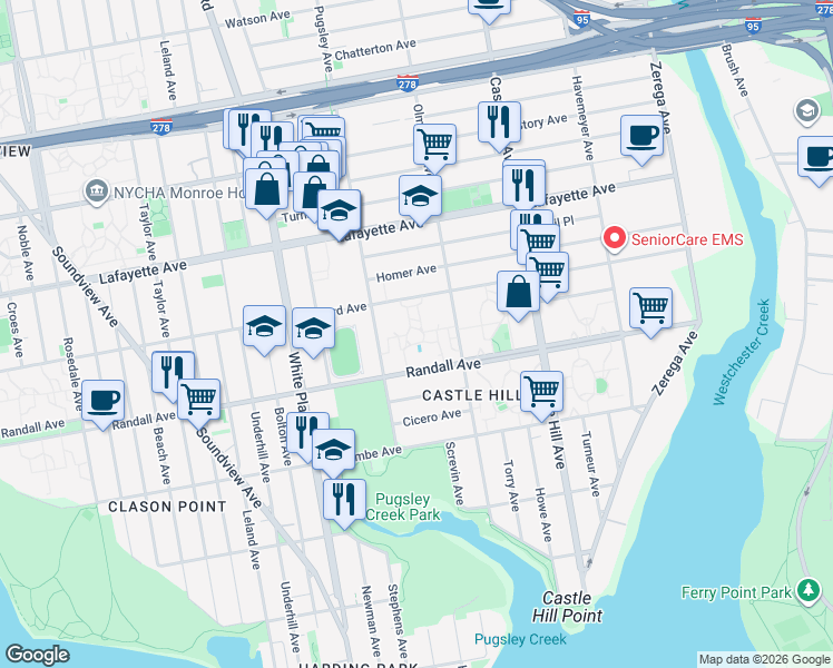 map of restaurants, bars, coffee shops, grocery stores, and more near 601 Olmstead Avenue in The Bronx