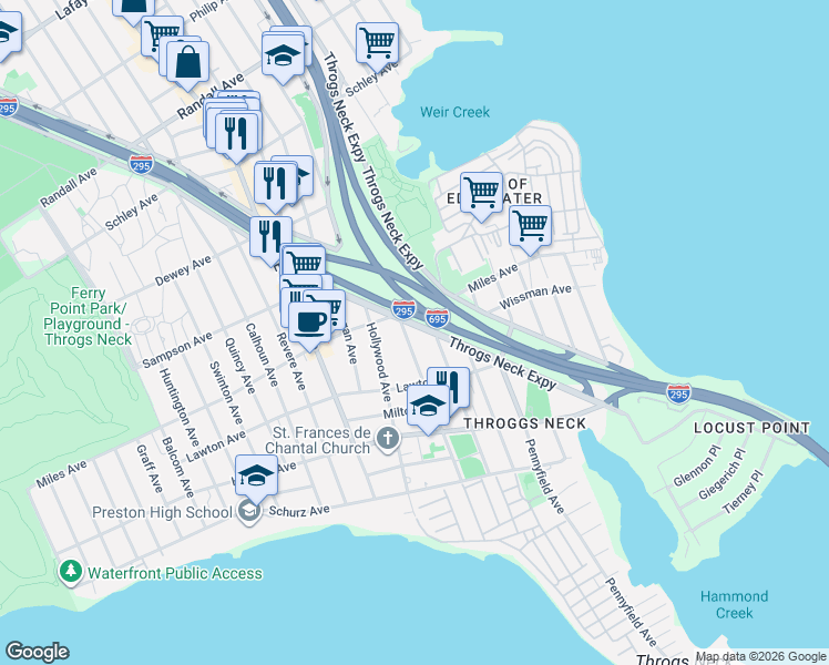 map of restaurants, bars, coffee shops, grocery stores, and more near 280 Throgs Neck Boulevard in The Bronx