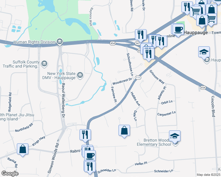 map of restaurants, bars, coffee shops, grocery stores, and more near 22 Fairview Place in Hauppauge