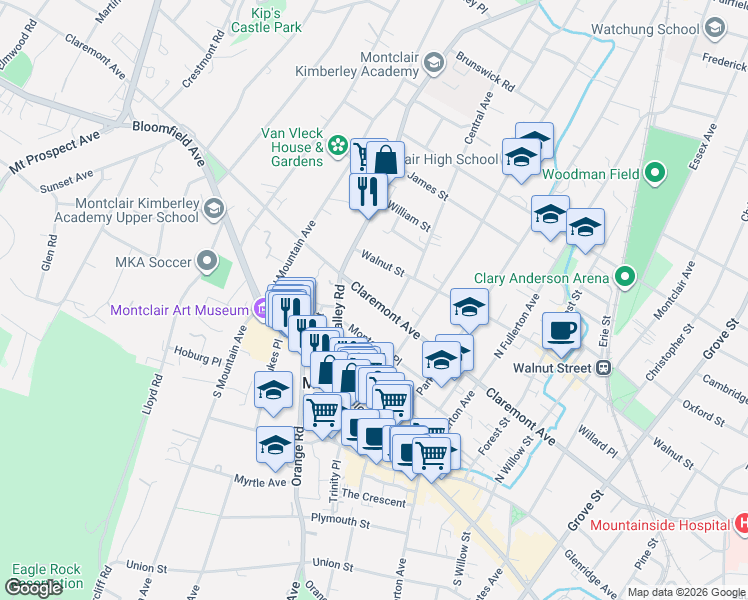 map of restaurants, bars, coffee shops, grocery stores, and more near 290 Claremont Avenue in Montclair