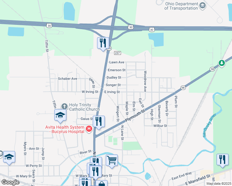 map of restaurants, bars, coffee shops, grocery stores, and more near 1031 Wingert Street in Bucyrus