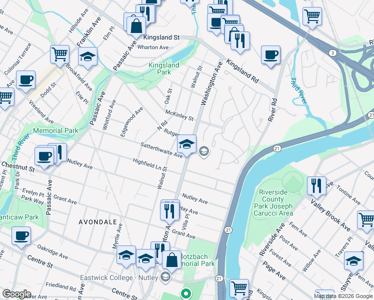 map of restaurants, bars, coffee shops, grocery stores, and more near 1 Fairfax Court in Nutley