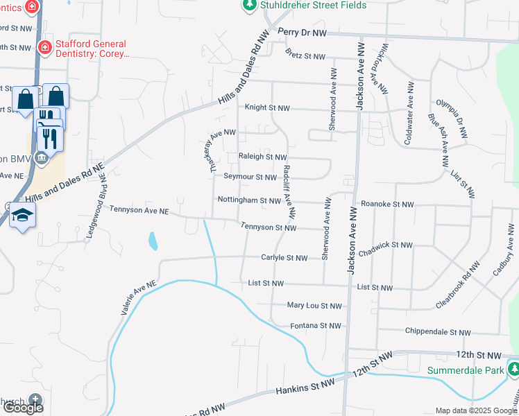 map of restaurants, bars, coffee shops, grocery stores, and more near 2311 Nottingham Street Northwest in Massillon