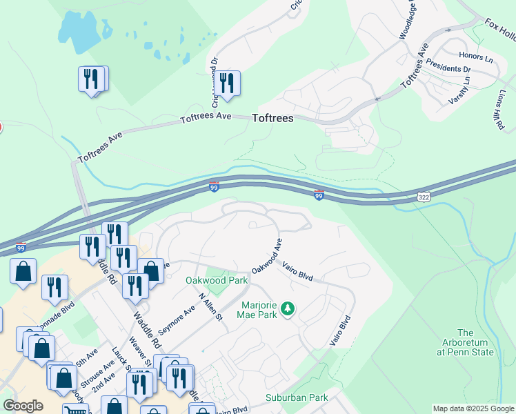 map of restaurants, bars, coffee shops, grocery stores, and more near 670 Oakwood Avenue in State College