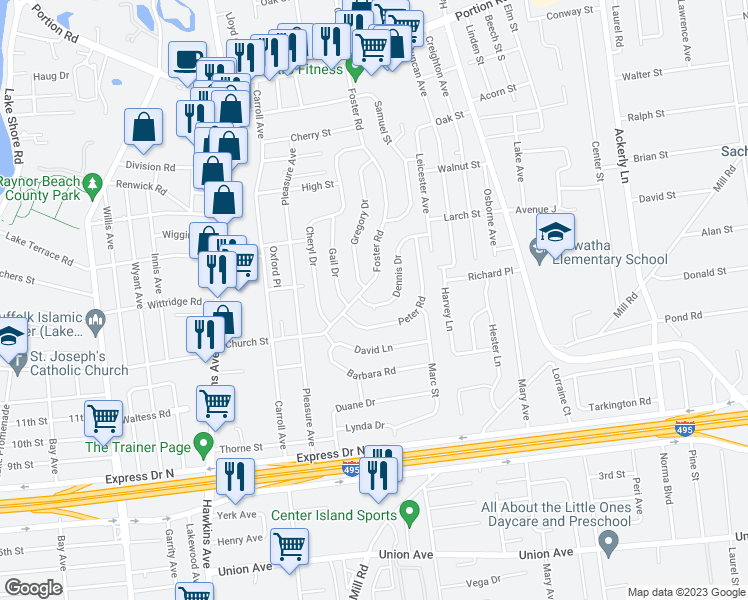 map of restaurants, bars, coffee shops, grocery stores, and more near 6 Dennis Drive in Lake Ronkonkoma