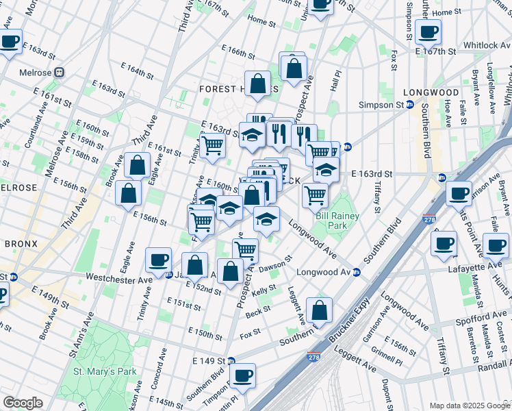 map of restaurants, bars, coffee shops, grocery stores, and more near 821 Prospect Avenue in The Bronx