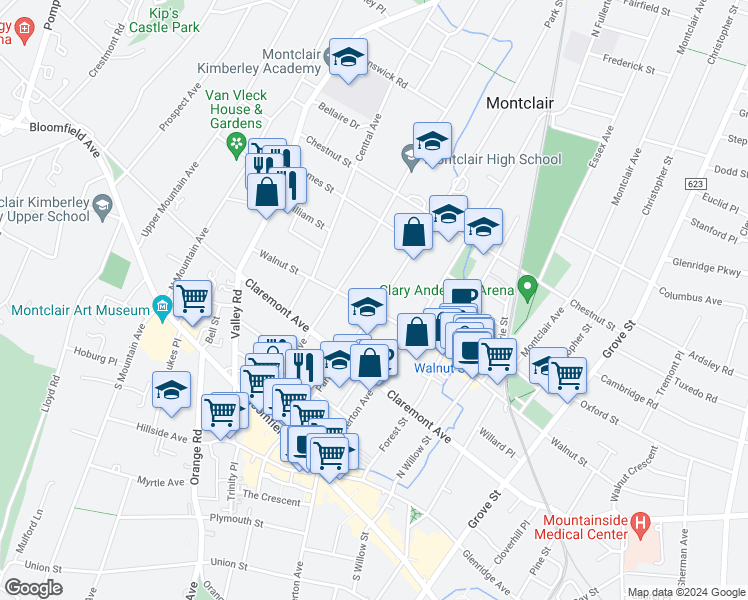 map of restaurants, bars, coffee shops, grocery stores, and more near 84 Park Street in Montclair