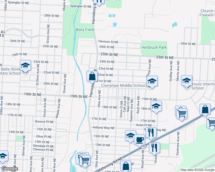 map of restaurants, bars, coffee shops, grocery stores, and more near 2127 20th Street Northeast in Canton