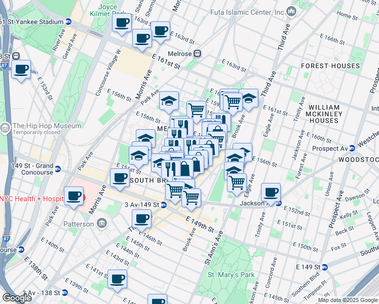 map of restaurants, bars, coffee shops, grocery stores, and more near 413 East 154th Street in Bronx