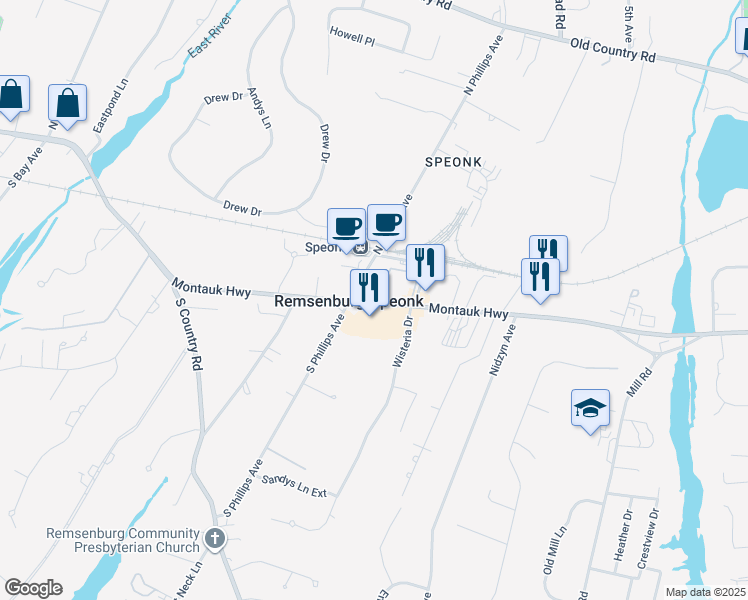 map of restaurants, bars, coffee shops, grocery stores, and more near 240 Montauk Highway in Remsenburg-Speonk