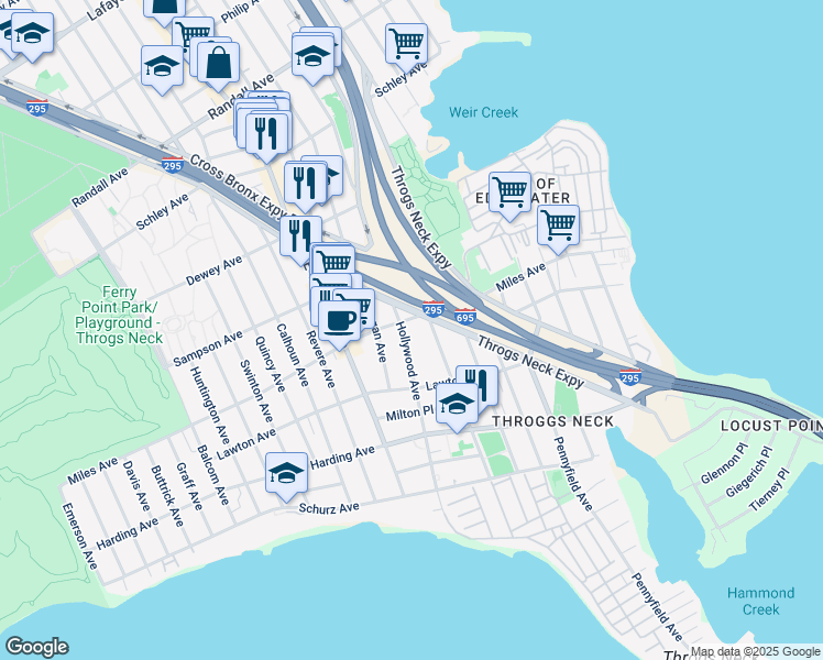 map of restaurants, bars, coffee shops, grocery stores, and more near 295 Hollywood Avenue in Bronx