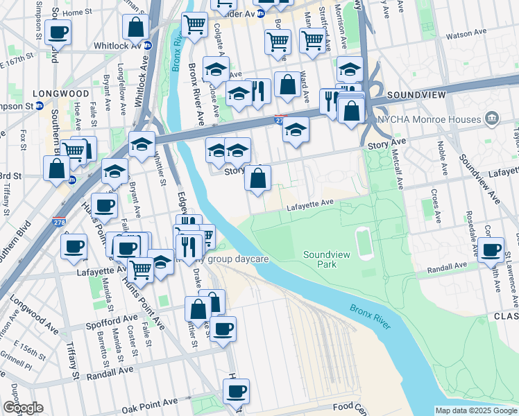 map of restaurants, bars, coffee shops, grocery stores, and more near 800 Colgate Avenue in The Bronx