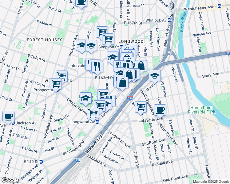 map of restaurants, bars, coffee shops, grocery stores, and more near 890 Tiffany Street in Bronx