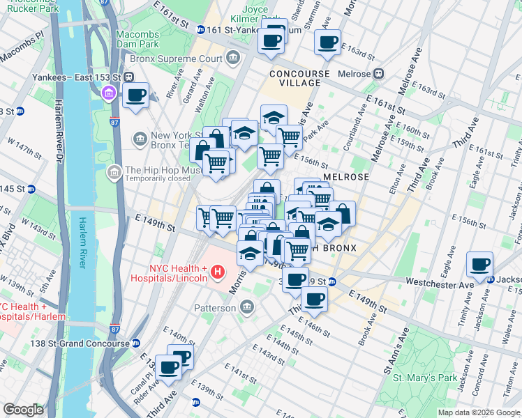 map of restaurants, bars, coffee shops, grocery stores, and more near 680 Morris Avenue in Bronx