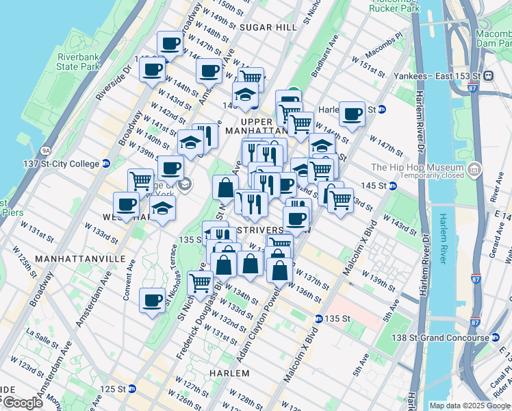 map of restaurants, bars, coffee shops, grocery stores, and more near 317 West 139th Street in New York