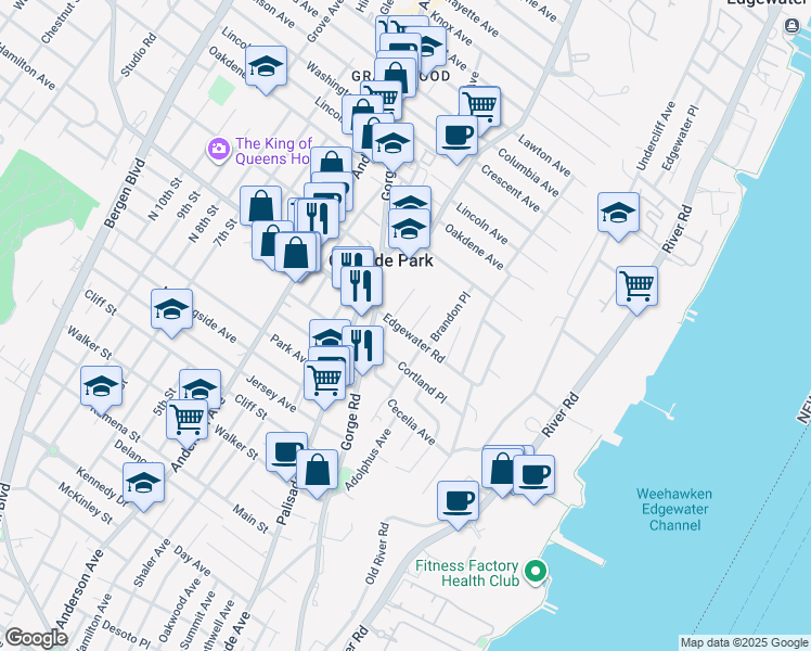 map of restaurants, bars, coffee shops, grocery stores, and more near 132 Edgewater Road in Cliffside Park