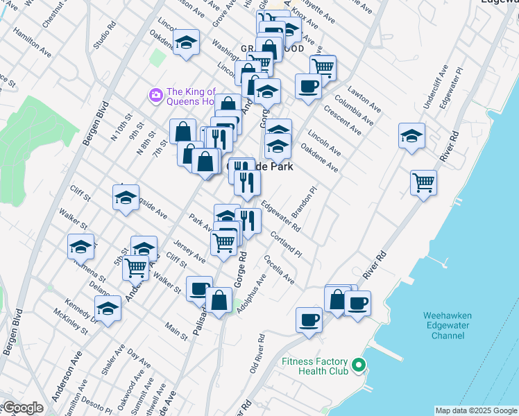 map of restaurants, bars, coffee shops, grocery stores, and more near 132 Edgewater Road in Cliffside Park
