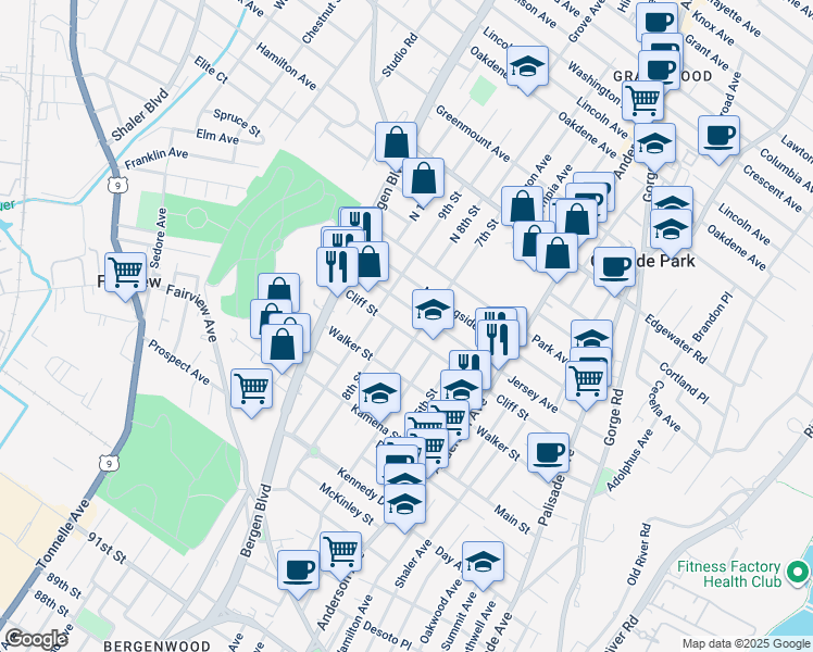 map of restaurants, bars, coffee shops, grocery stores, and more near 420B Jersey Avenue in Fairview