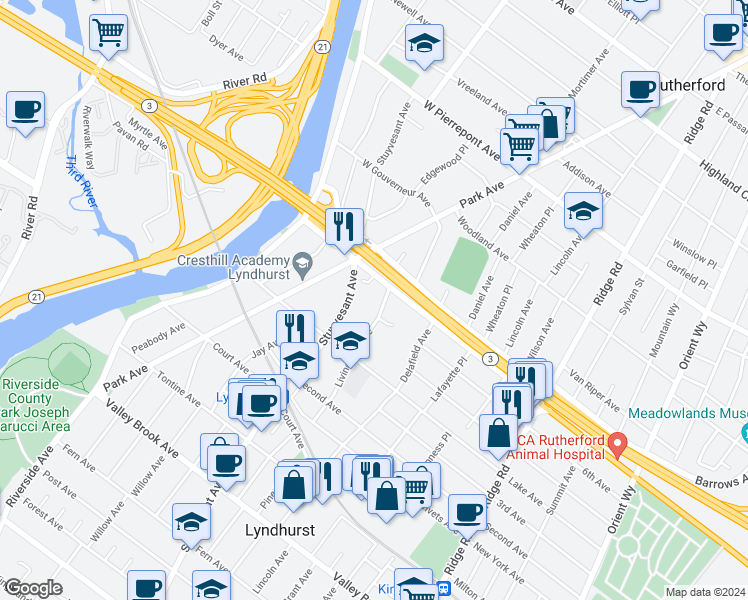 map of restaurants, bars, coffee shops, grocery stores, and more near 24 Stuyvesant Avenue in Lyndhurst