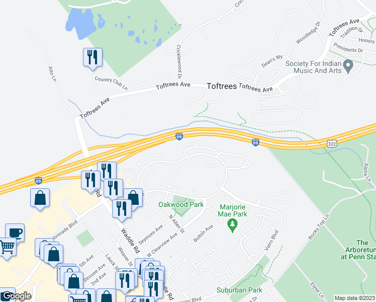 map of restaurants, bars, coffee shops, grocery stores, and more near 688 Oakwood Avenue in State College