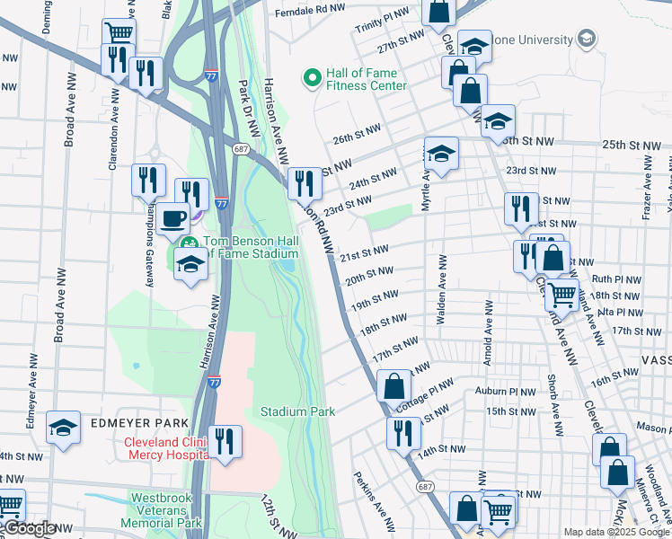 map of restaurants, bars, coffee shops, grocery stores, and more near 2021 Fulton Road Northwest in Canton