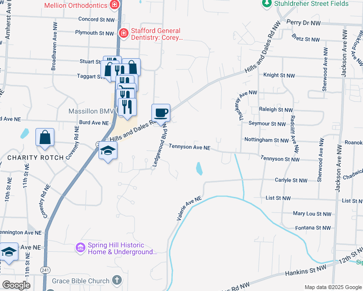 map of restaurants, bars, coffee shops, grocery stores, and more near 1954 Tennyson Avenue Northeast in Massillon