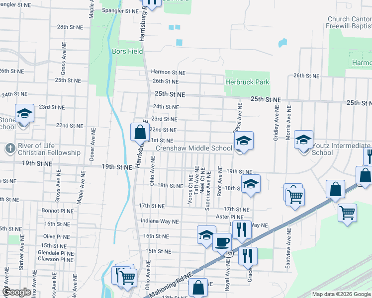 map of restaurants, bars, coffee shops, grocery stores, and more near 2301 20th Street Northeast in Canton