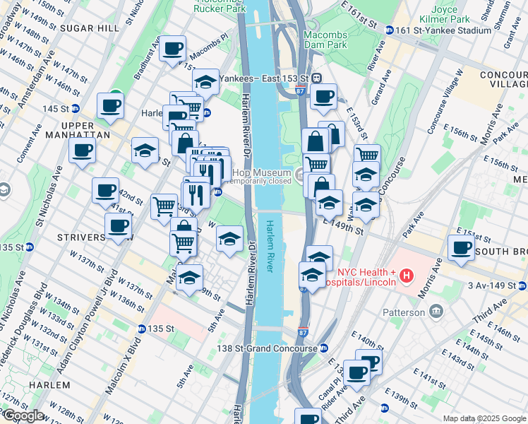 map of restaurants, bars, coffee shops, grocery stores, and more near 145th Street Bridge in New York
