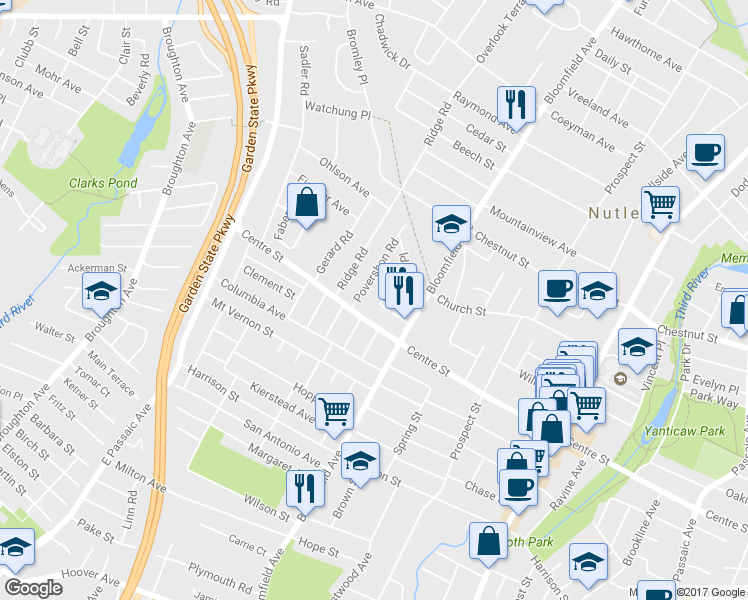 map of restaurants, bars, coffee shops, grocery stores, and more near 20 Povershon Road in Nutley