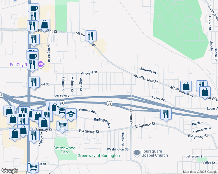 map of restaurants, bars, coffee shops, grocery stores, and more near 832 Shields Street in Burlington
