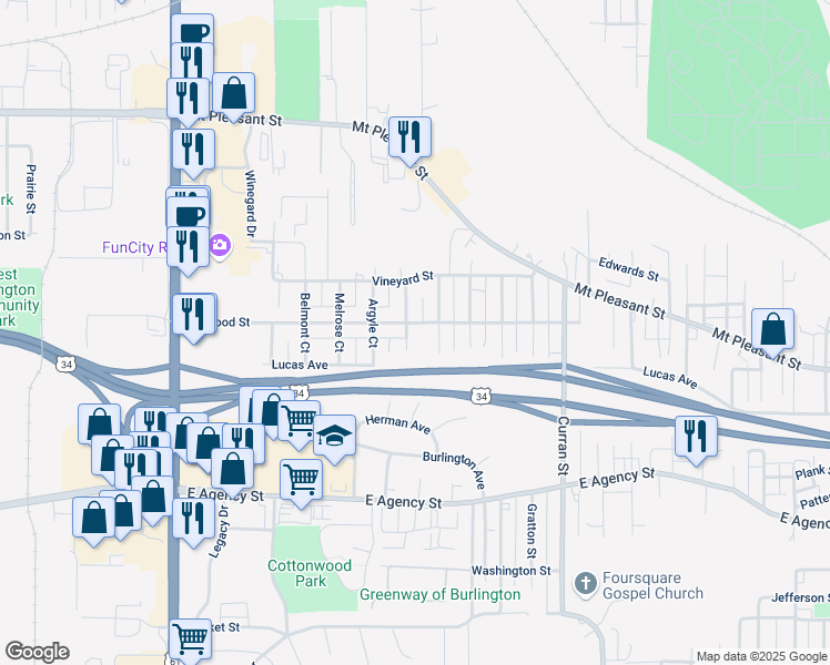 map of restaurants, bars, coffee shops, grocery stores, and more near 817 Kenilworth Court in Burlington