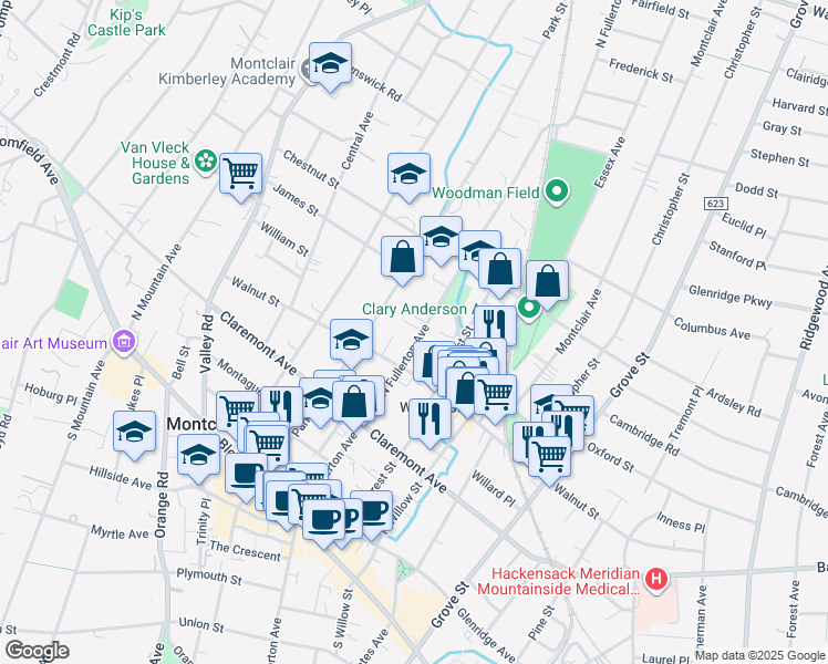 map of restaurants, bars, coffee shops, grocery stores, and more near 127 North Fullerton Avenue in Montclair