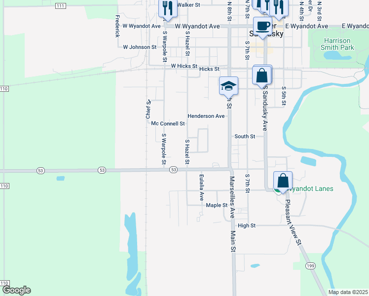 map of restaurants, bars, coffee shops, grocery stores, and more near 466 South Hazel Street in Upper Sandusky