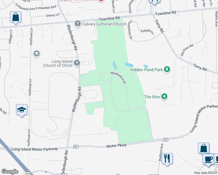 map of restaurants, bars, coffee shops, grocery stores, and more near 64 Hamlet Drive in Hauppauge
