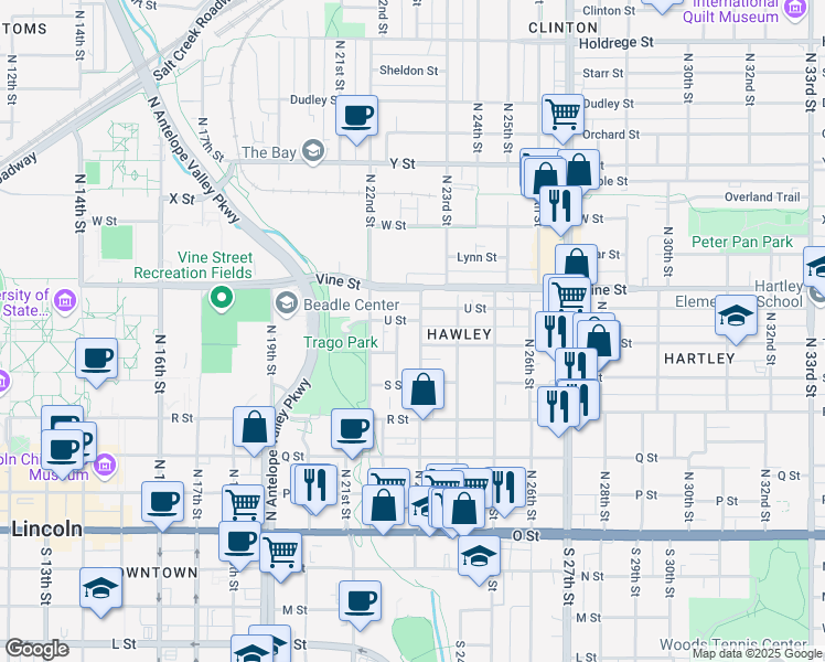 map of restaurants, bars, coffee shops, grocery stores, and more near 633 N 23rd St in Lincoln