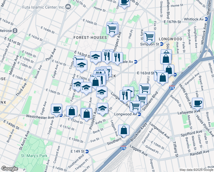 map of restaurants, bars, coffee shops, grocery stores, and more near 874 East 161 Street in The Bronx