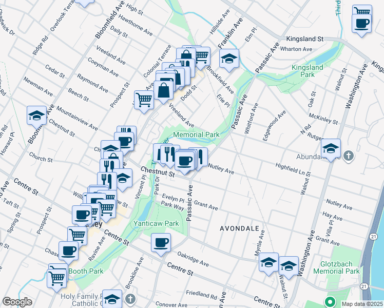 map of restaurants, bars, coffee shops, grocery stores, and more near 24 Enclosure in Nutley
