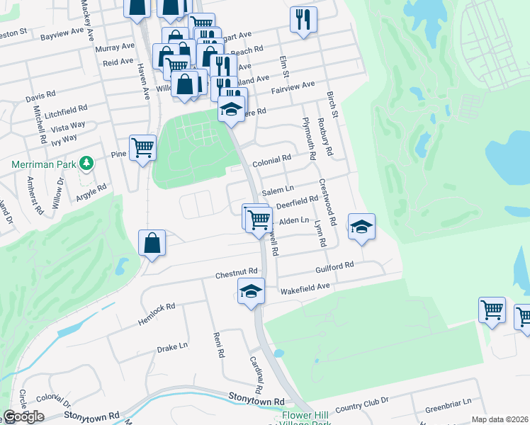 map of restaurants, bars, coffee shops, grocery stores, and more near 29 Lowell Road in Port Washington