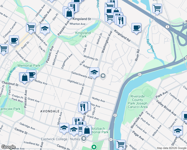 map of restaurants, bars, coffee shops, grocery stores, and more near 1 Fairfax Court in Nutley