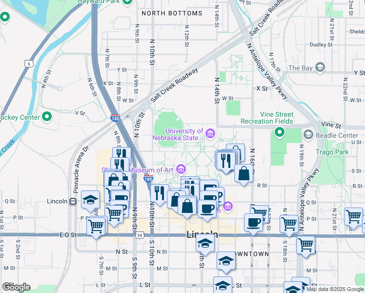 map of restaurants, bars, coffee shops, grocery stores, and more near 1400 R Street in Lincoln